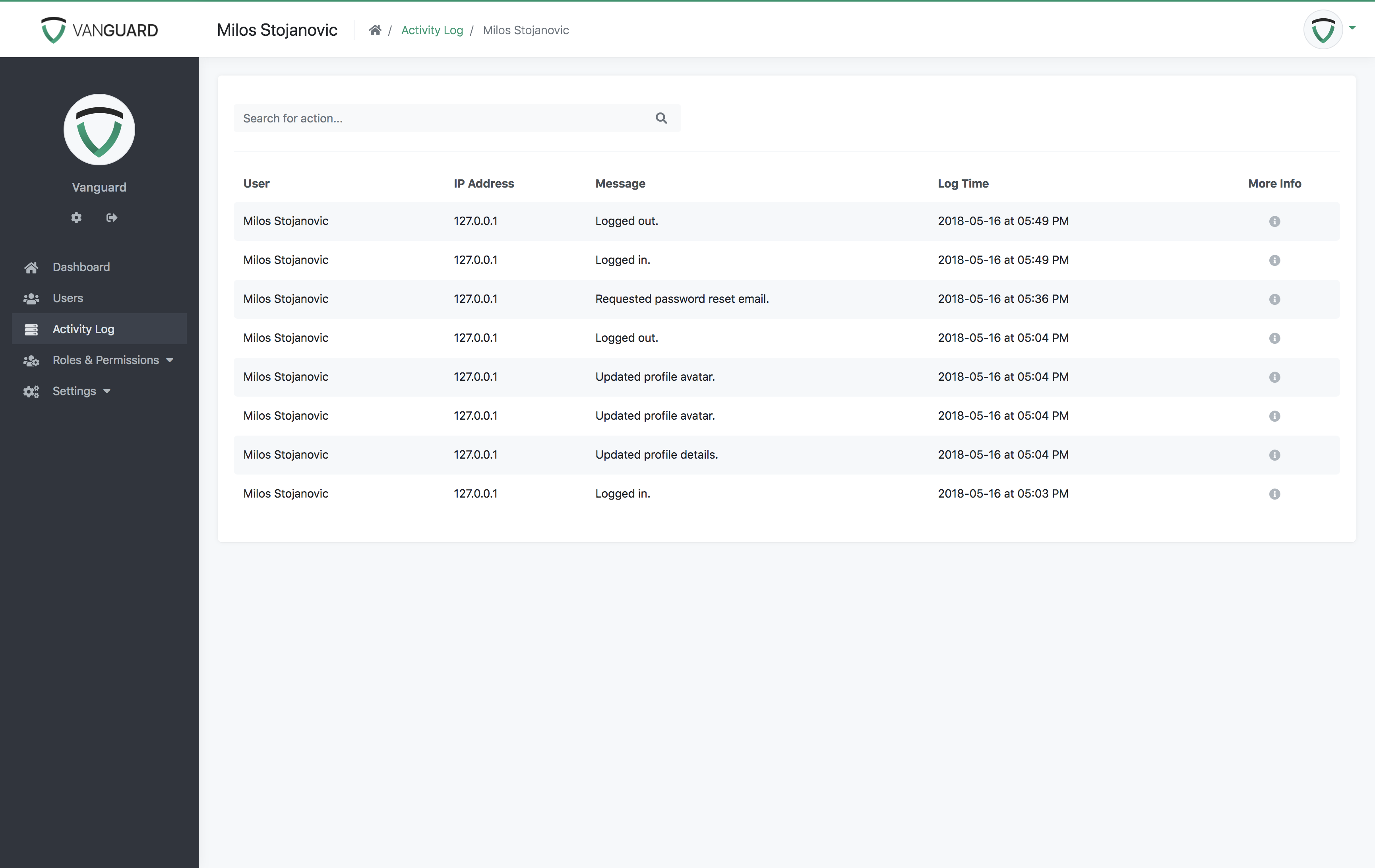 Vanguard - User Activity Log