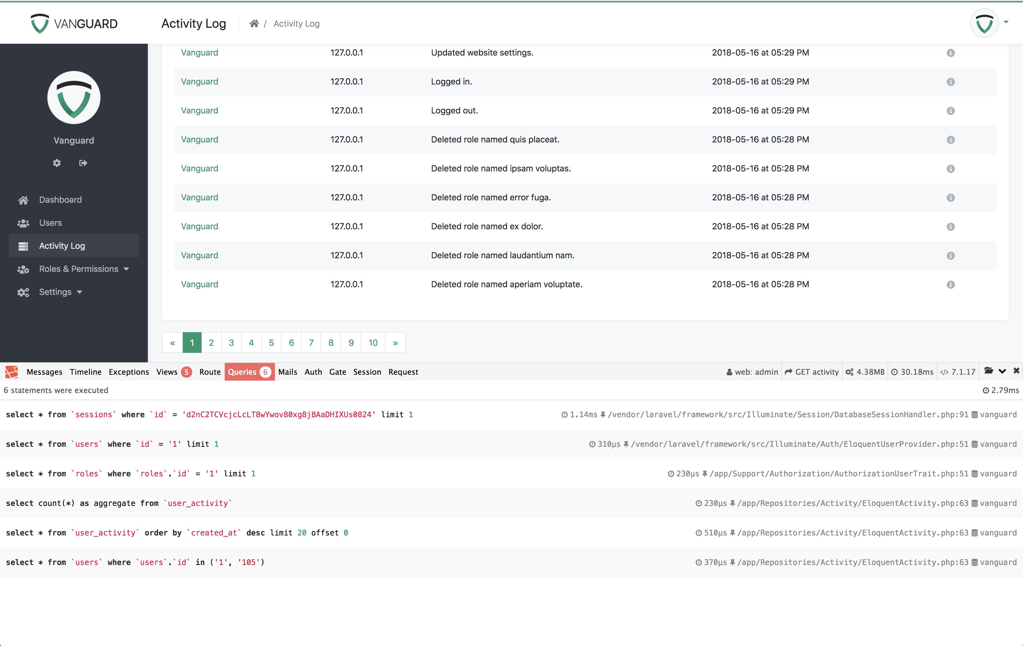 Vanguard Development Mode - Debug Bar