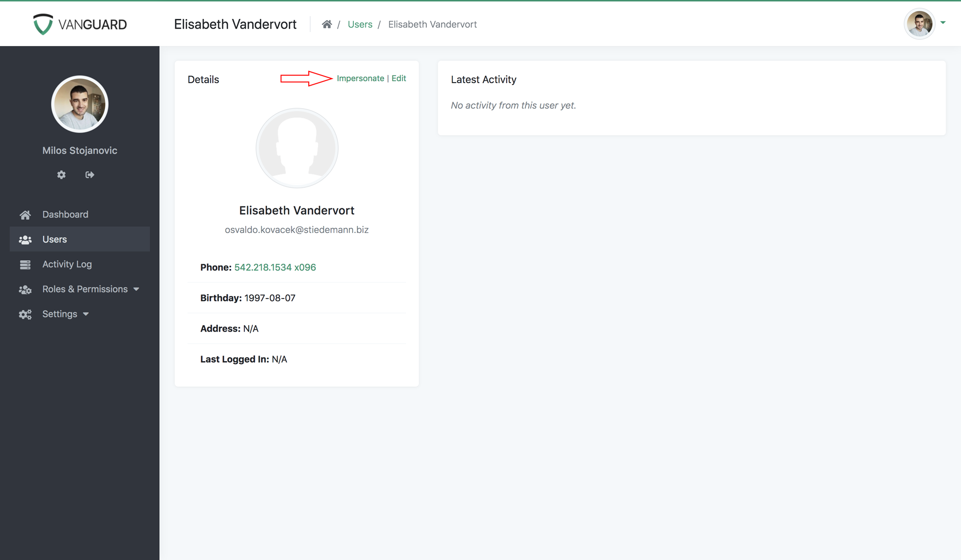 Vanguard - Impersonate User from Profile Page