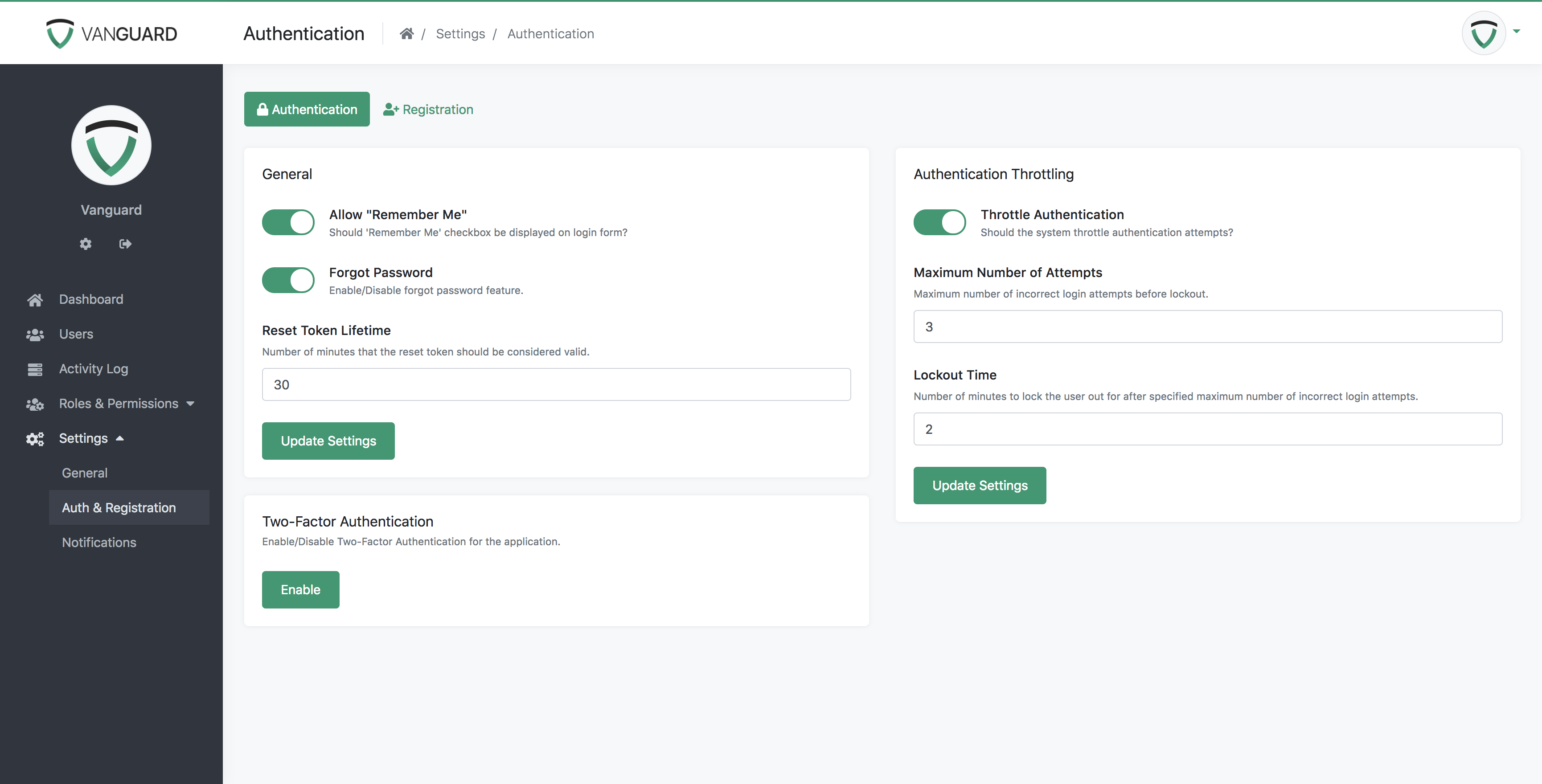 Vanguard - Authentication Settings