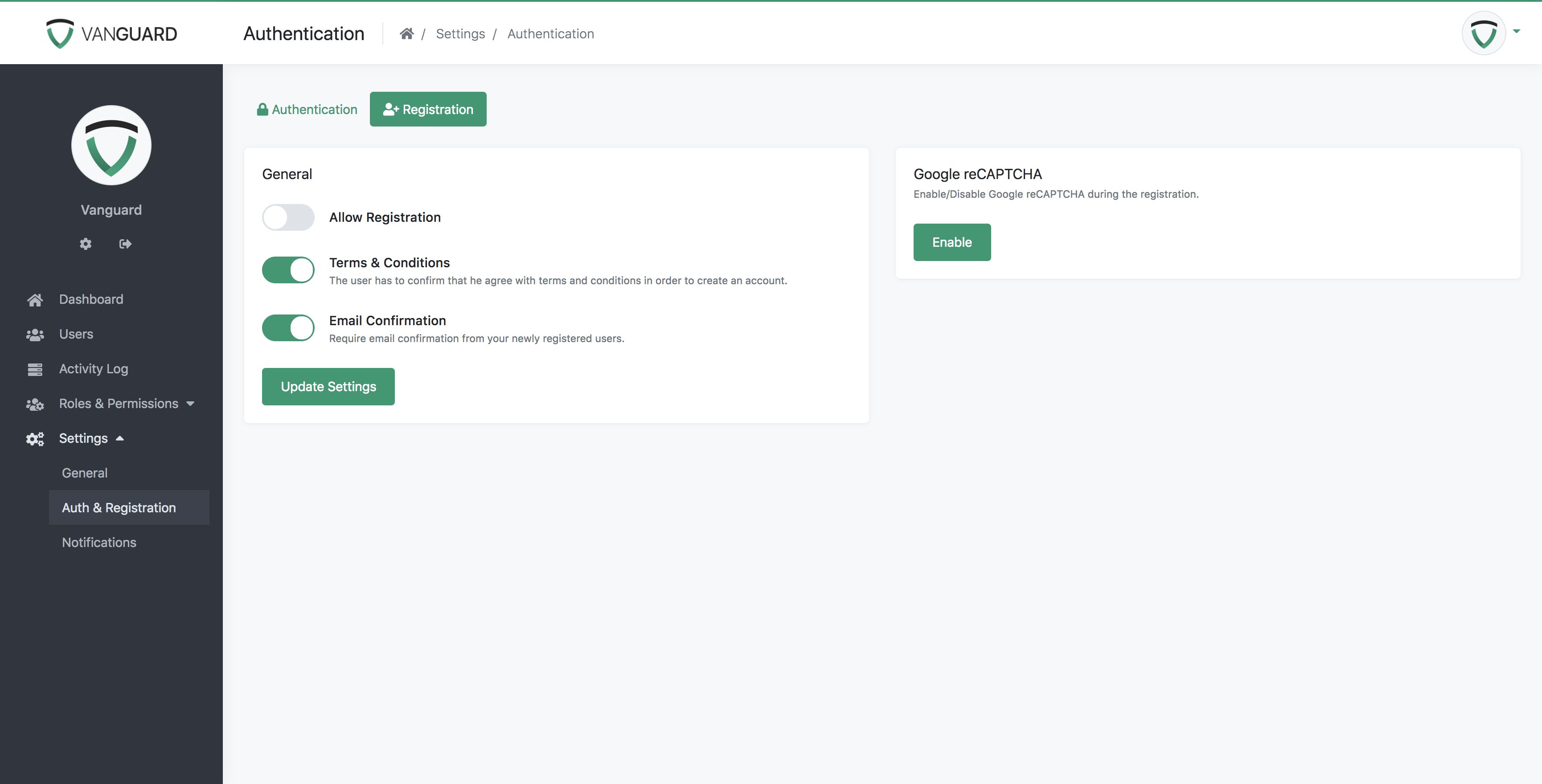 Vanguard - Registration Settings